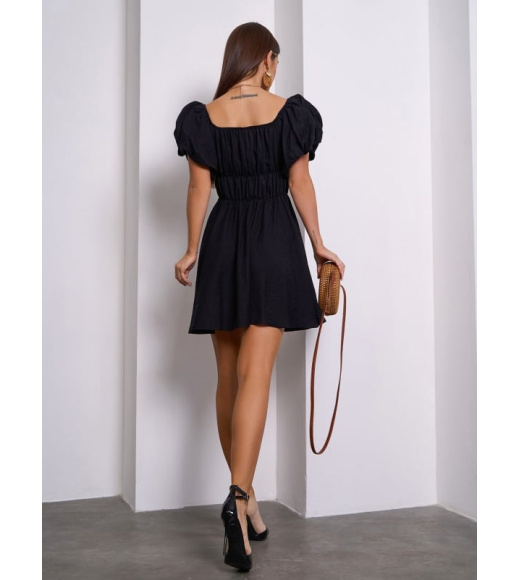 Черное льняное платье с объемными рукавами