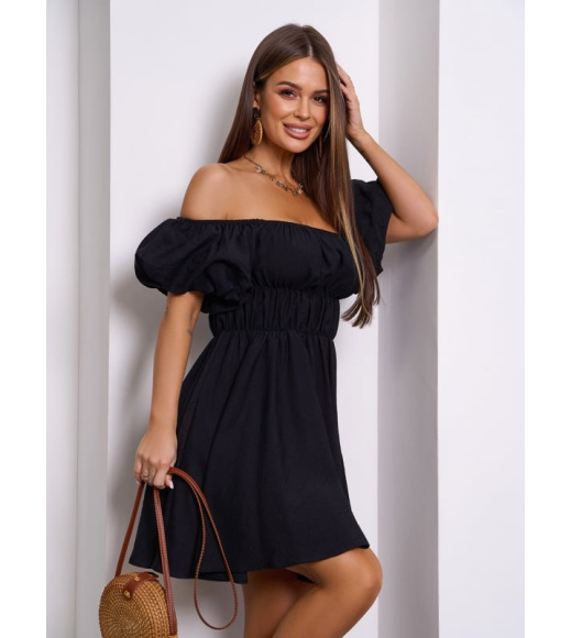 Черное льняное платье с объемными рукавами