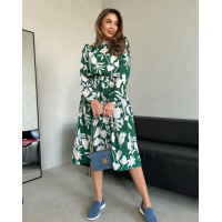 Зеленое принтованное платье с длинными рукавами