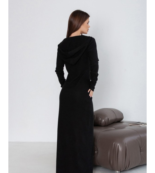 Чорна ангорова довга сукня з розрізом і капюшоном