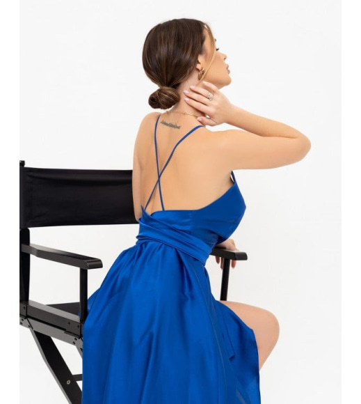 Синее шелковое платье с завязкой