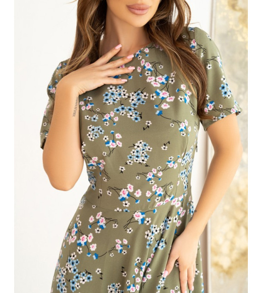 Квіткова сукня кольору хакі з короткими рукавами