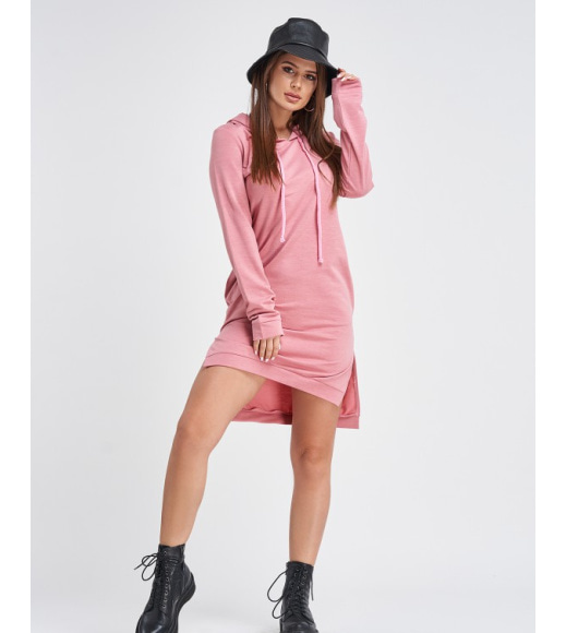 Рожеве трикотажне асиметричне плаття з капюшоном