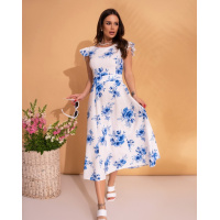 Бело-синее льняное платье с вырезом на спинке