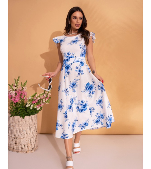 Біло-синя лляна сукня з вирізом на спинці
