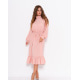 Розовое приталенное платье с вставками из жатки