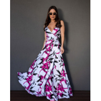 Бело-малиновый длинный сарафан кроя на запах