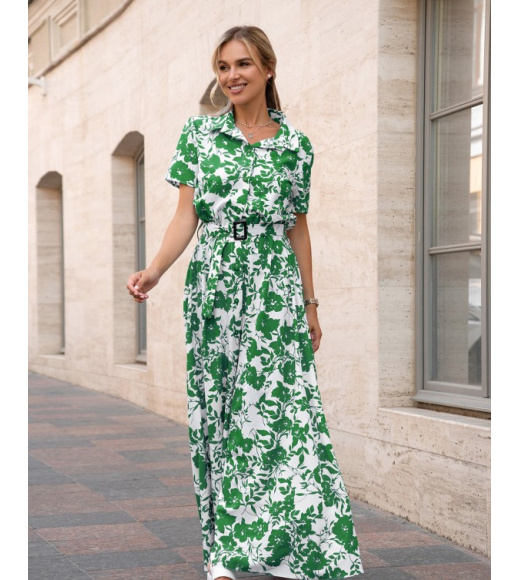 Зеленое длинное платье-рубашка на пуговицах