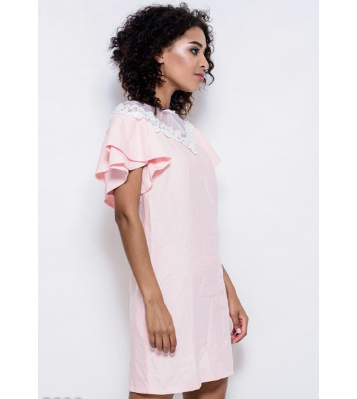 Рожева вільна котонова сукня з мереживом по ліфа, рукавами-метеликами і фатиновою білої горловиною