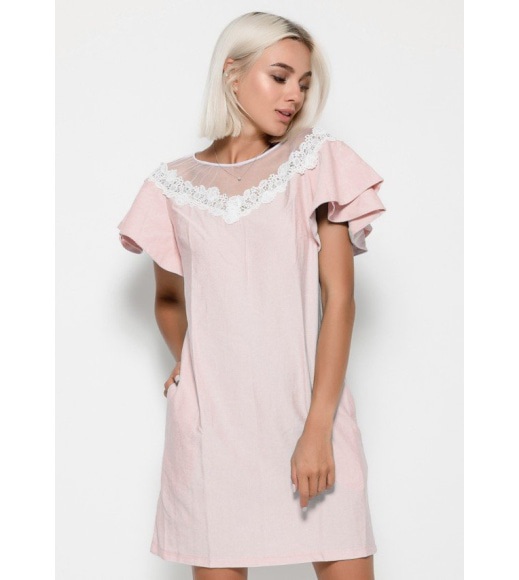 Рожева вільна котонова сукня з мереживом по ліфа, рукавами-метеликами і фатиновою білої горловиною
