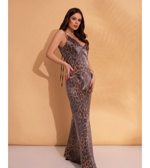 Леопардовое длинное платье из полированного хлопка