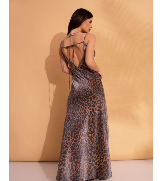 Леопардовое длинное платье из полированного хлопка