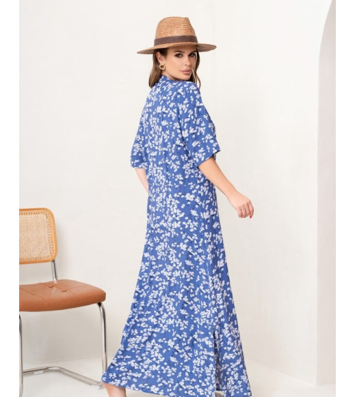Синя квіткова сукня-сорочка з розрізами
