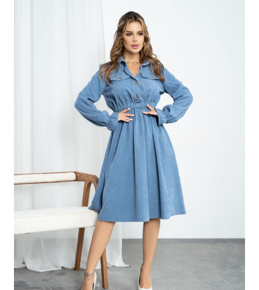 Синя вельветова сукня-сорочка з довгими рукавами