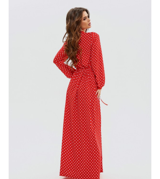 Червоне в горошок приталене плаття з кишенею