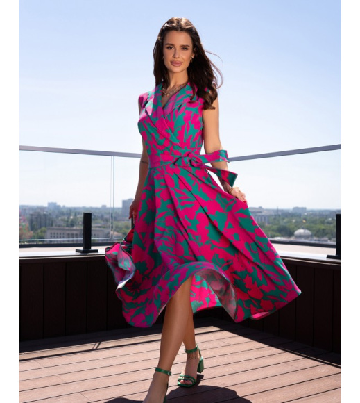 Малиново-зеленое платье-тренч без рукавов