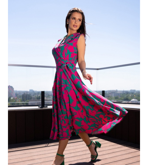 Малиново-зеленое платье-тренч без рукавов