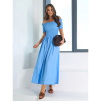 Голубое льняное платье-бандо с разрезами