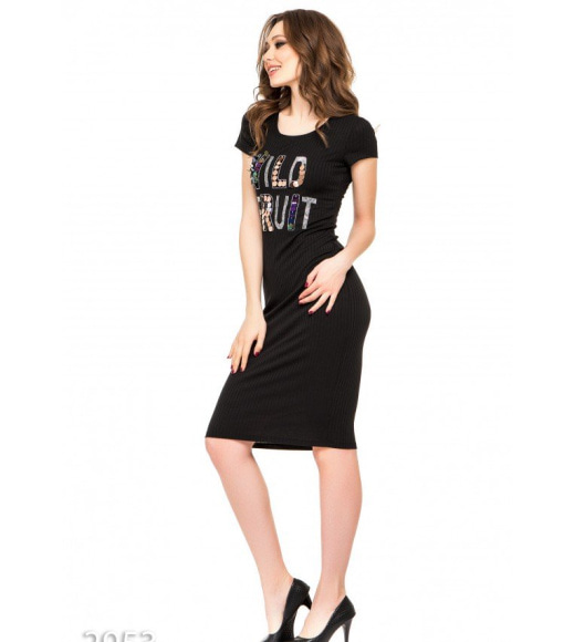 Черное платье в трикотажный рубчик с крупной аппликацией пайетками WILD FRUIT