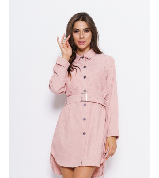 Розовое вельветовое асимметричное платье-рубашка