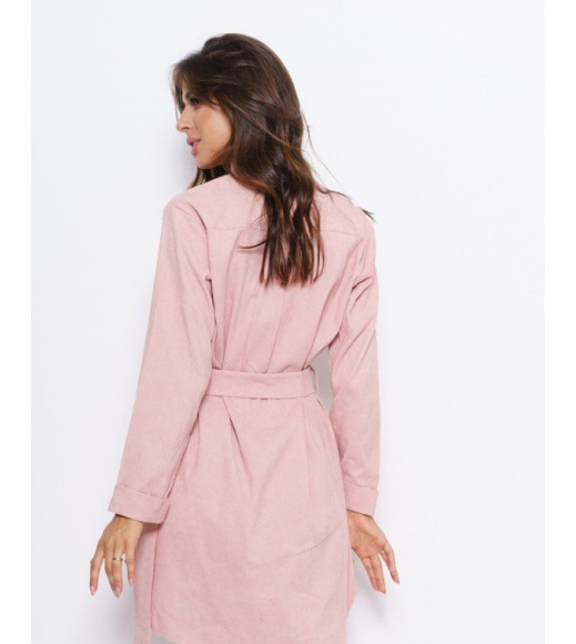 Розовое вельветовое асимметричное платье-рубашка
