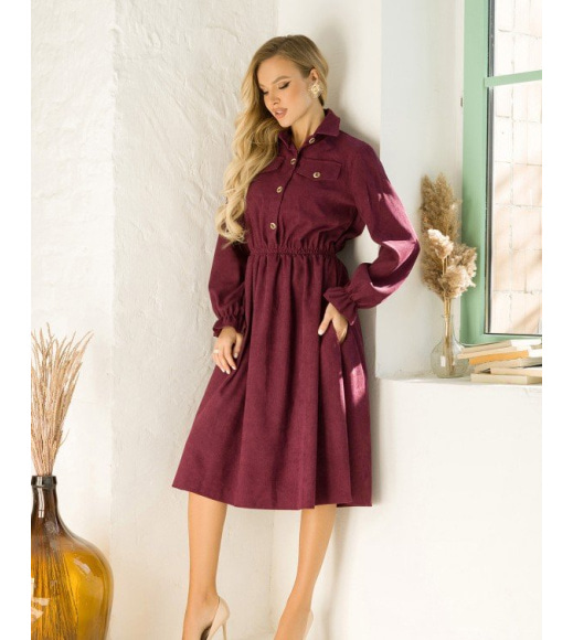 Бордове вельветове плаття-сорочка з довгими рукавами