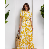 Бело-горчичное длинное платье-рубашка