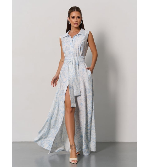 Бело-голубое льняное платье-рубашка без рукавов