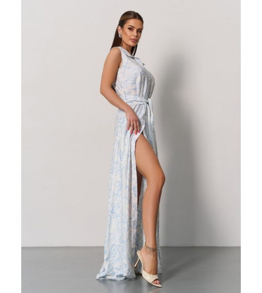 Бело-голубое льняное платье-рубашка без рукавов