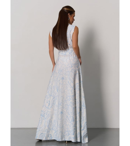 Бело-голубое льняное платье-рубашка без рукавов