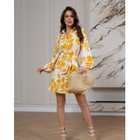 Горчично-белое платье-трапеция с цветочным принтом