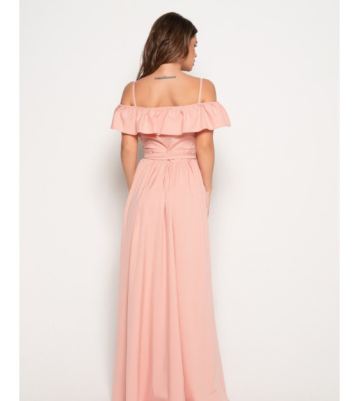 Персикове довге плаття з відкритими плечима