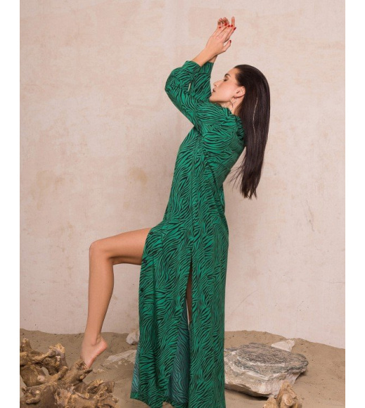 Зеленое принтованное платье-туника с длиной в пол