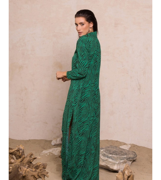 Зеленое принтованное платье-туника с длиной в пол