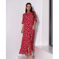 Красное хлопковое платье-рубашка с боковыми разрезами