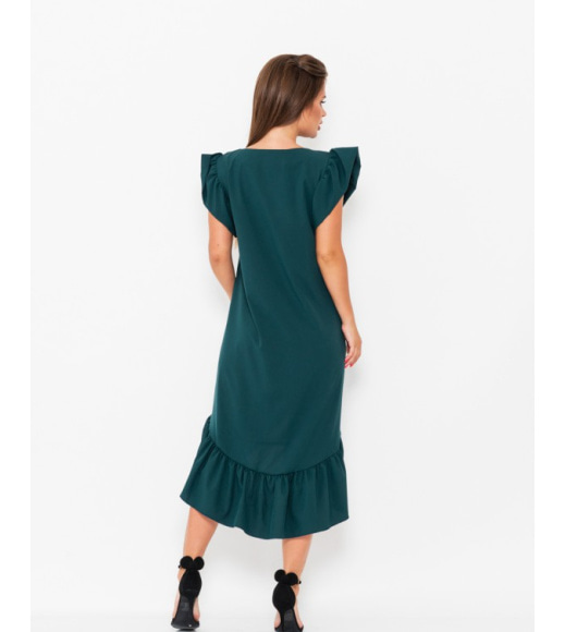 Темно-зеленое асимметричное платье с воланами