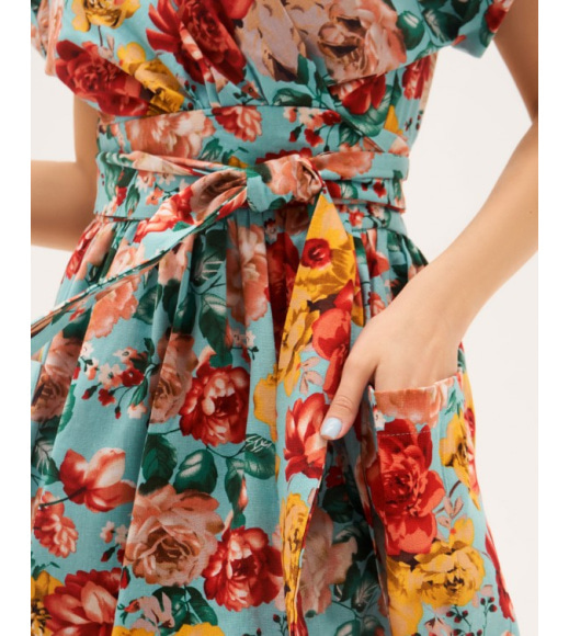 Хлопковое цветочное платье-халат в мятных тонах
