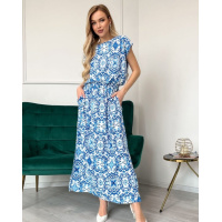 Голубое принтованное платье с боковым разрезом