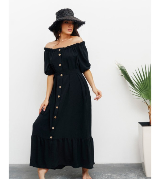 Черное креповое платье на пуговицах с воланом
