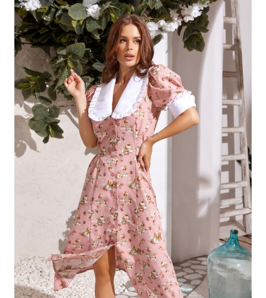 Розовое принтованное платье с воротником в ретро стиле