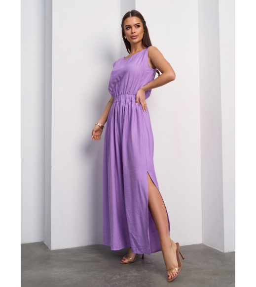 Длинный сарафан с разрезом из сиреневого льна