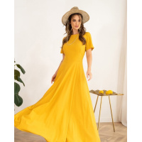 Горчичное классическое платье с короткими рукавами