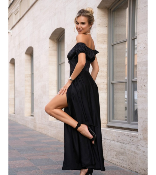 Шелковое длинное платье черного цвета с разрезом
