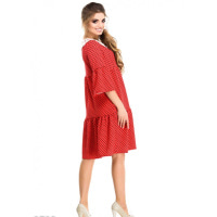Красное свободное платье воланами в горошек с кружевным воротником