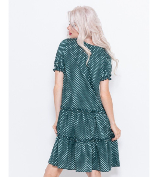 Зеленое свободное платье-трапеция в горошек