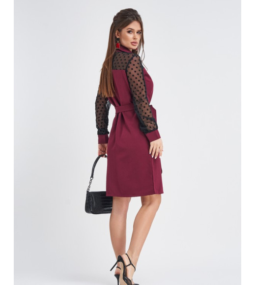 Бордове плаття-сорочка з сітчастими вставками