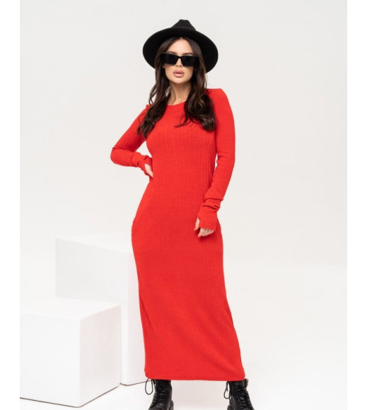 Червона ангорова довга сукня з кишенями