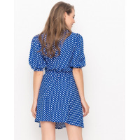 Синее в горошек свободное платье со съемным поясом