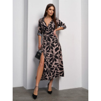 Черно-бежевое хлопковое платье с декольте на запах