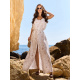 Бело-бежевое длинное льняное платье на пуговицах